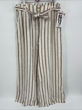 Rewash Striped Linen-Blend Pants with Waist Tie - Cream & Brown